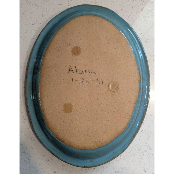 Handcrafted Turquoise Ceramic Platter w/ Twisted Handles Signed by Alana 2010 - Picture 9 of 10